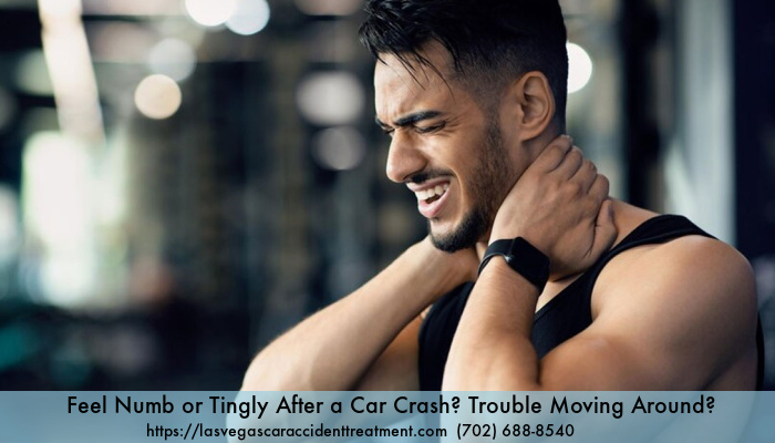 Image of Car Crash Victim holding his neck with text Feel Numb or Tingly After a Car Crash Trouble Moving Around